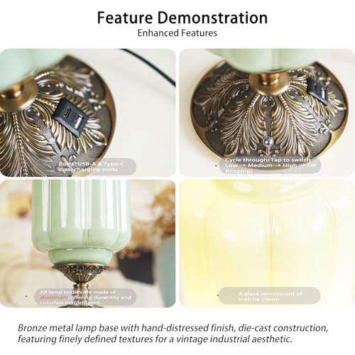 YESIDS Green Vintage Milk Glass 3-Way Dimmable USB-C Bedside Table Lamp