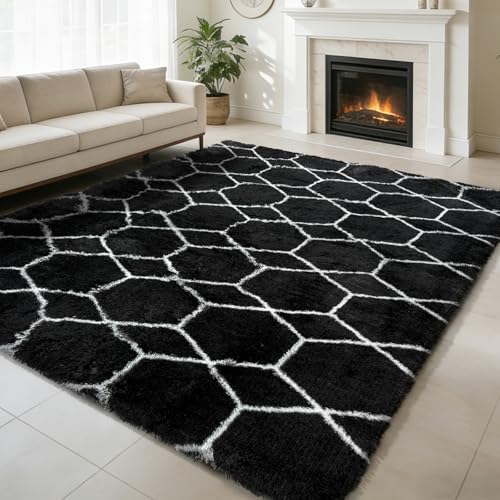 Black and White 5x8 Shag Area Rug for Bedroom & Living Room - Fluffy, Non-Slip