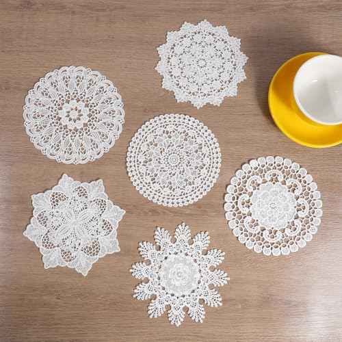 6pcs Crochet Cotton Doilies Lace Doilies for Tables 6 Inch Round Lace Placemats White Vintage Handmade Coasters Rustic Table Decor for Kitchen Dining Wedding Party Home Cup Vase Decoration