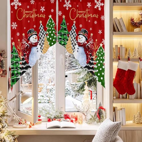 Red Green Snowman Christmas Window Valance 28x36in - 1 Pair Slim Scalloped Swag Curtains