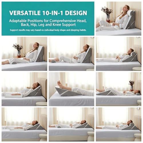 Bedluxe Adjustable Wedge Pillow Set for Post-Surgery Recovery, Orthopedic Bed Wedge, White/Grey, Includes Head Pillow & 10-in-1 Design