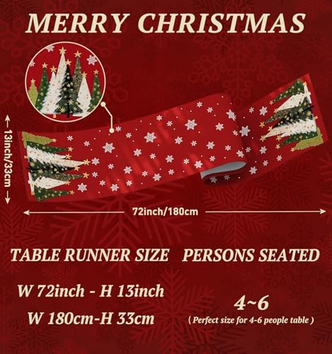Christmas Table Runner Snowflakes & Tree Red 13"x72" Xmas Home Decor