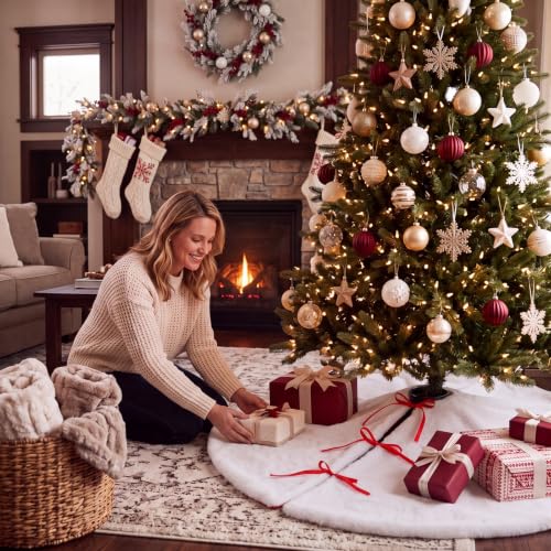 48 Inch Reversible Christmas Tree Skirt Faux Fur & Velvet Holiday Decor