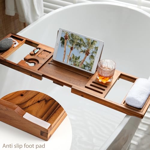 Realgulf Adjustable Teak Bathtub Tray - Natural Wood Bath Organizer Caddy