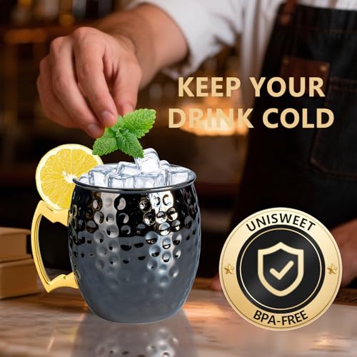 UNISWEET 4 Pack Moscow Mule Mugs – Hammered Copper Exterior, 304 Stainless Steel Lining, Black Handle (16.91 oz each)