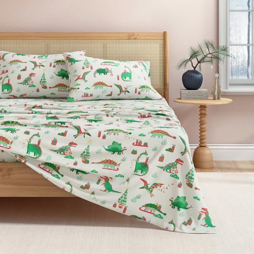 100% Cotton Christmas Flannel Sheet Set Twin, Dinosaur