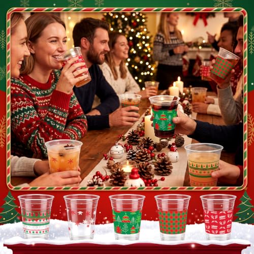 100 Pcs Christmas Plastic Cups 12 oz - Classic Holiday Party Disposable Glasses
