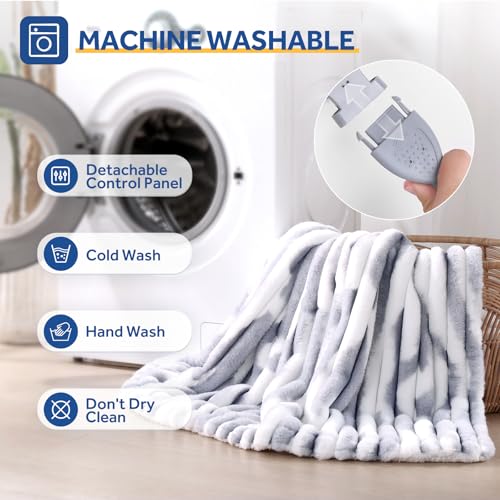 Queen Size Electric Blanket with Faux Fur & Sherpa - Blue White, 84x90 Inches - Safety & 10 Heat Levels