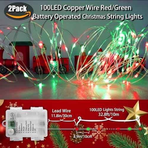 Yayfazy Battery Operated Christmas Lights - Indoor Red & Green Mini Fairy Lights, Timer, 2PACK Total 200LED, 65.6Ft Copper Wire, Battery Powered Decoration for Bedroom, Parties, Centerpiece