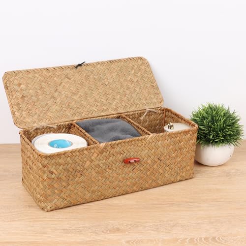 Wicker Shelf Baskets with Lid,Rectangular Seagrass Woven Storage Baskets with Dividers for Bathroom Organizer Small Bins Home Decor (Natural)