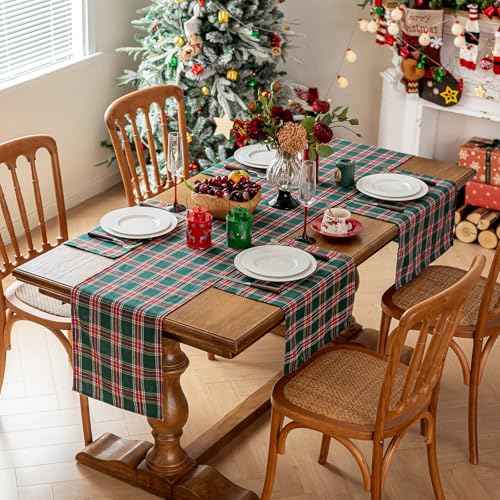 Joyfol Day 13x72 Inch Green Tartan Christmas Table Runner - Stain Resistant & Washable, Holiday Decor for Xmas, New Year's, Winter Dining