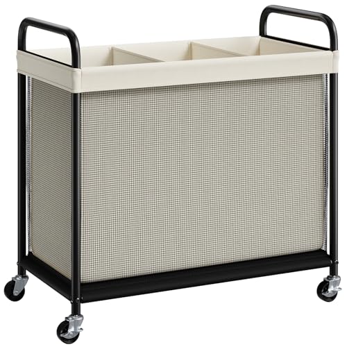 ELYKEN 3-Section Laundry Hamper with Removable Liner - Beige 120L Rolling Sorter