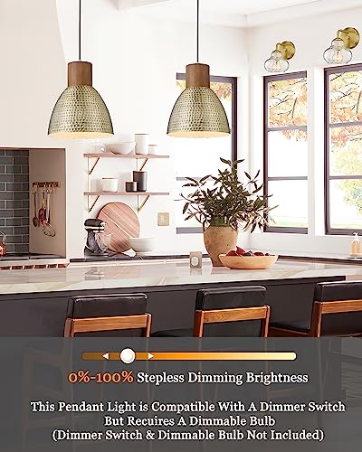 Medium Brass 2-Pack Hammered Pendant Light Fixtures - Vintage Metal & Solid Wood