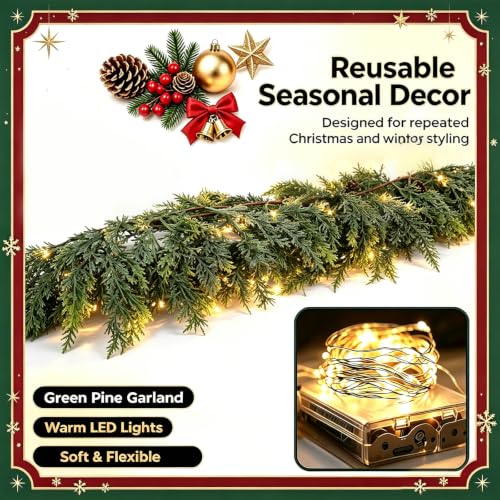 9FT Christmas Cedar Garland with 16.4FT Lights - Real Touch Faux Pine for Indoor/Outdoor Decor
