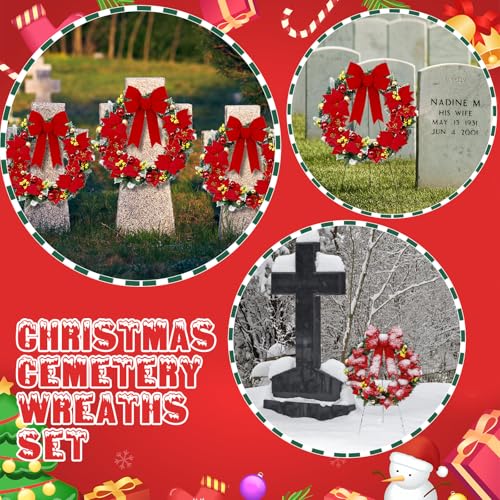 Crowye 24'' Christmas Cemetery Wreath with Stand - Poinsettia Decoration