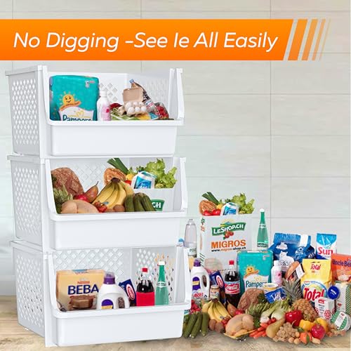 Skywin 6 Pack XL Stackable Open Front Storage Bins for Pantry & Organization – White