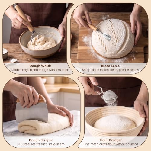 Red Sourdough Starter Kit with Banneton Baskets & Tools - 15 Pieces
