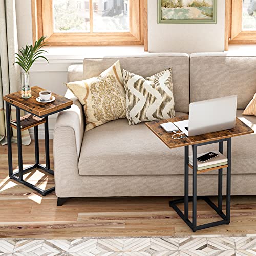 HOOBRO Foldable C Shaped End Table with Storage Shelf - Rustic Brown & Black, 15.4''L x 10.2''W x 25.2''H