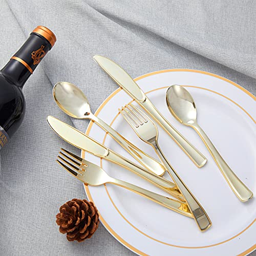 Gold Plastic Cutlery Set - 300PCS Disposable Forks Spoons Knives Utensils Variation of Gold-300Pack