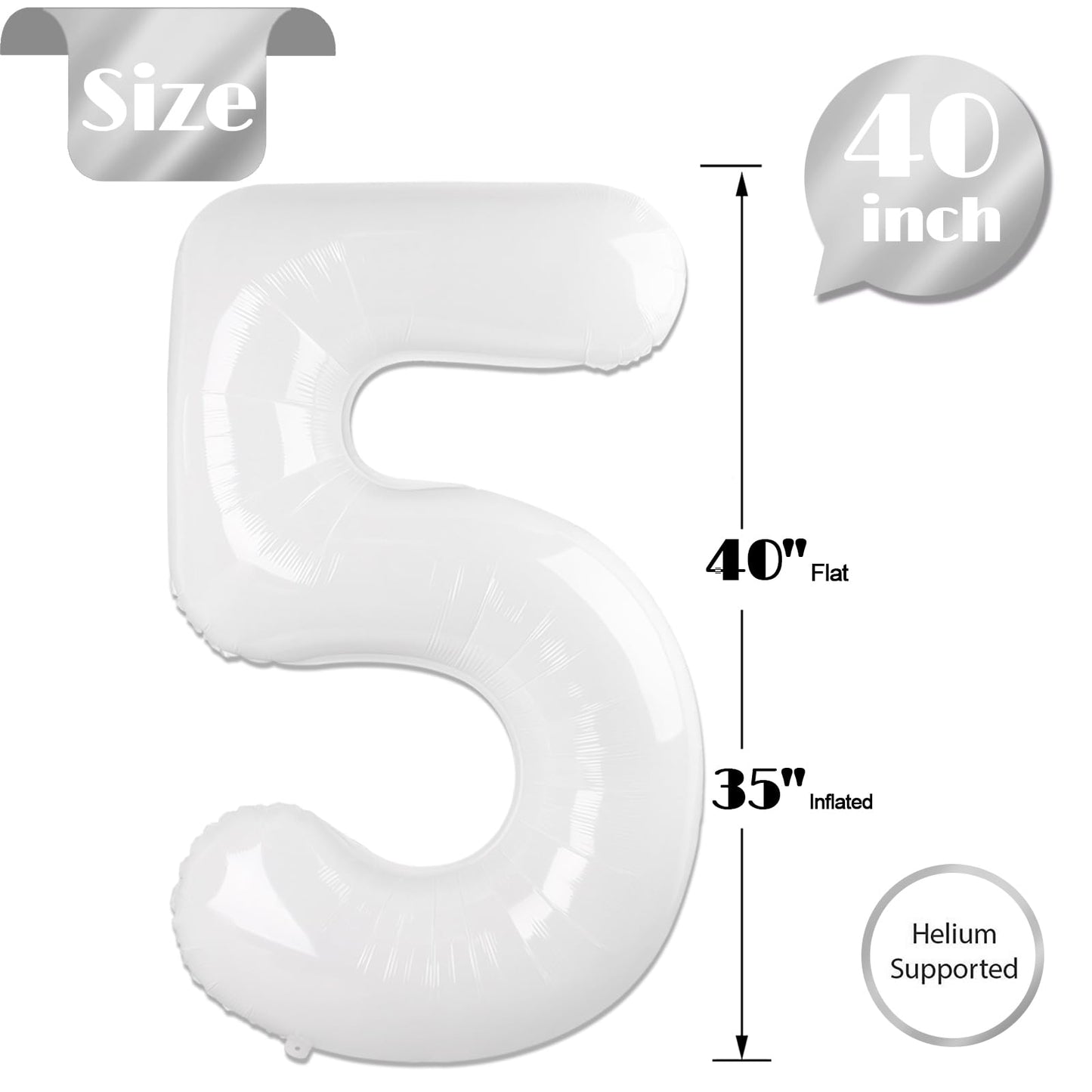 White Number 5 Balloon 40 Inch, 5th Birthday Party Decorations for Children, Giant 5 Foil Balloon for Party Supplies
