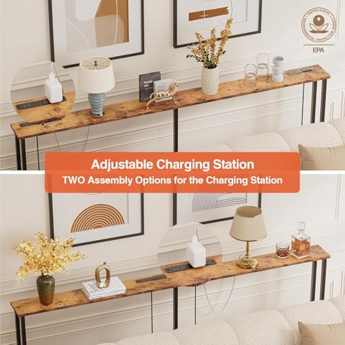 Narrow Sofa Table with Power Outlets & USB Ports - Rustic Brown, 90 inch