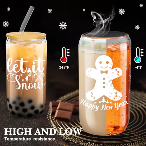 Umigy 8-Pack 16oz Christmas Glass Cups with Lids and Straws