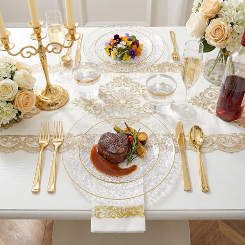 Clear Gold Hammered Plastic Plates Set - Disposable Dinnerware for Party, 350 Pcs