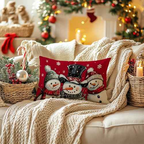 AACORS Christmas Winter Pillow Cover 12X20 Inch,Snowmen Snowflakes Decoration Holiday Farmhouse Pillow Case Decor for Home Sofa Couch (Red) AA760-12