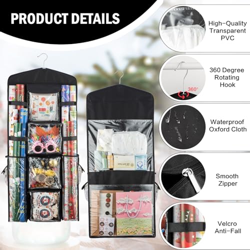 EOLIMEX Double-Sided Christmas Wrapping Paper Organizer – Black, Over-The-Door