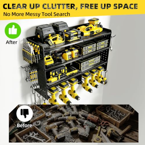 Black Power Tool Organizer Wall Mount 4-Tier Heavy Duty Storage Rack