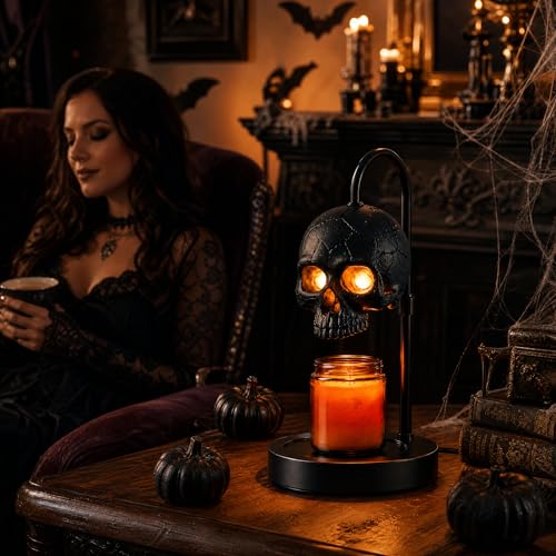 Gothic Skull Candle Warmer Lamp with Dimmer & Timer – Black Halloween Decor