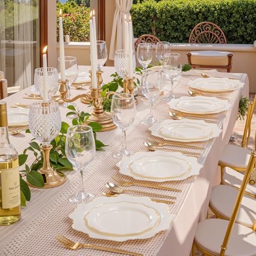 WDF Ivory Plastic Plates Set 200pcs - Gold Rim Disposable Dinner & Dessert Plates - Variation: Ivory / 200