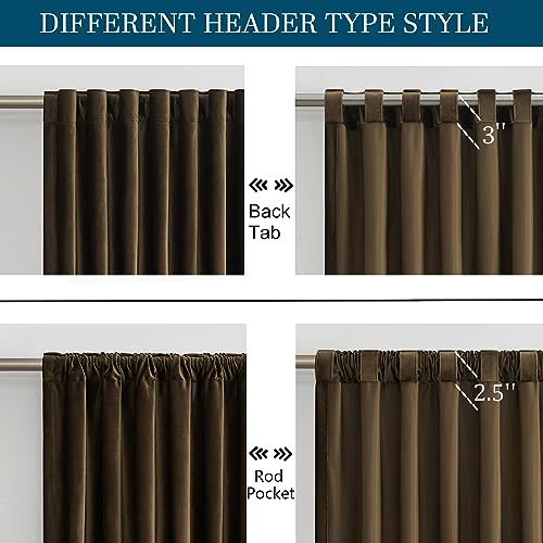 Primrose Brown Velvet Curtains Set of 2 52x120 Inch Room Darkening Window Panels - Blackout, Rod Pocket & Back Tab, Heavy Decor for Bedroom & Living Room
