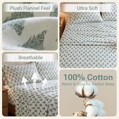 Ikat Tree Queen Flannel Sheet Set - 4 Piece Cotton Bed Sheets, Cozy Bedding
