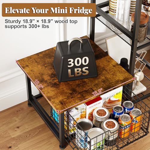 Mini Fridge Stand with Drawer and Storage, Rustic Kitchen Organizer