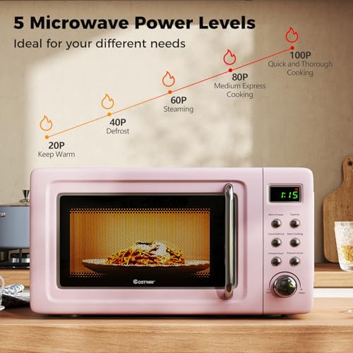 Pink Small Microwave Oven - 0.7 Cu.ft Countertop Retro Compact Kitchen Appliance - COSTWAY