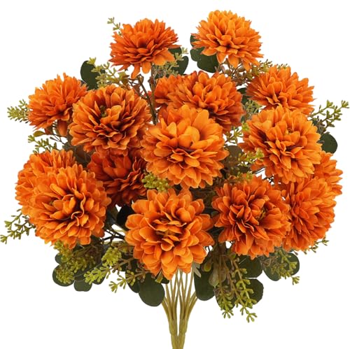 2 Pack Artificial Fall Mums Flowers for Outdoor Decor - Realistic Autumn Bouquets