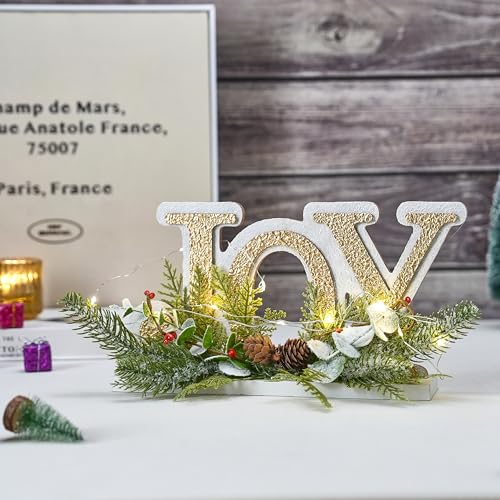 Lighted White and Gold Christmas Joy Sign Decoration Indoor - Festive Holiday Decor