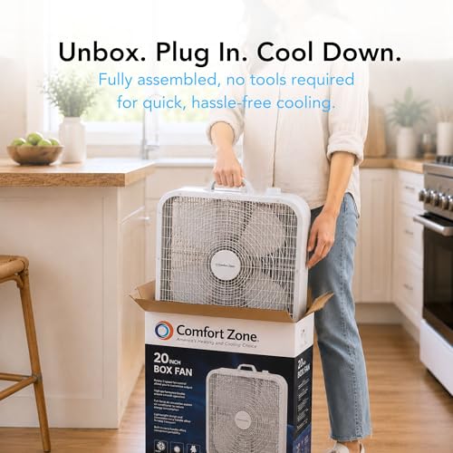 Comfort Zone White 20-Inch Box Fan with Carry Handle, 3-Speed Air Circulation