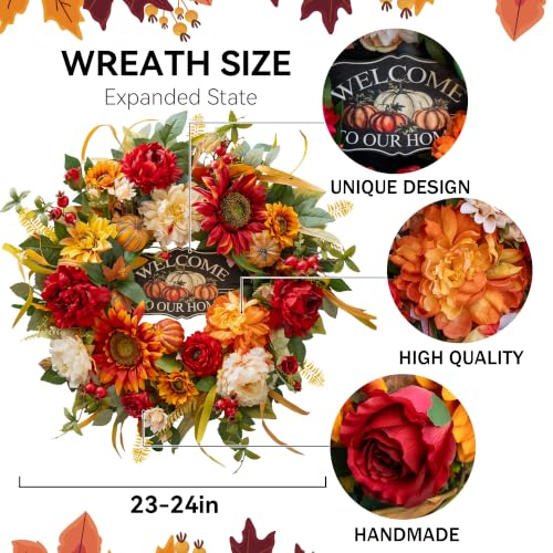 24 Inch Fall Wreath with Pumpkins and Sunflowers - Rustic Autumn Door Decor - NaturaWre Pumpkin Wreath