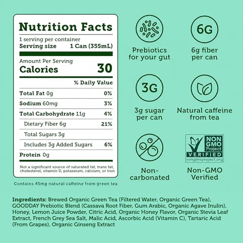 HALFDAY Prebiotic Green Tea with Honey & Ginseng, Supports Digestive
