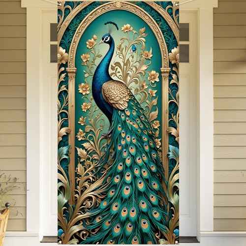 Peacock Door Cover Happy Diwali Photo Backdrop Indian Deepavali Festival of Lights Christmas Party Decorations and Supplies for Home-71¡¿35''