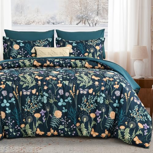 Queen Size Peacock Blue Floral Comforter Set - 7 Pieces Bedding with Reversible Design
