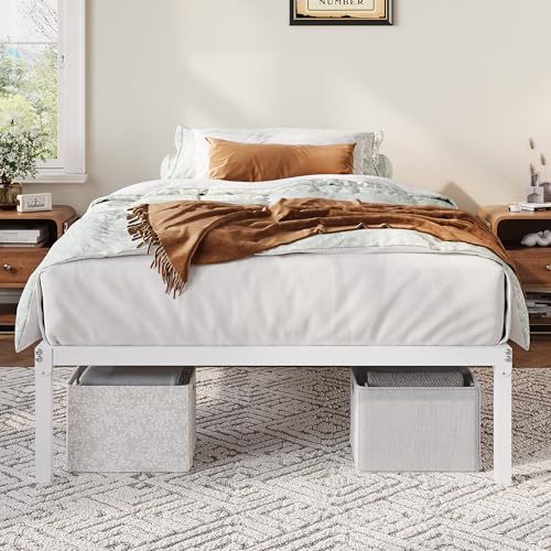 Allewie White Twin Metal Bed Frame with Storage, 12 Inch Platform Bed