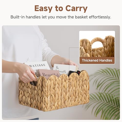 Large Water Hyacinth Basket with Scalloped Edges - Natural Wicker Storage Basket 13 x 8.25 x 7 inches
