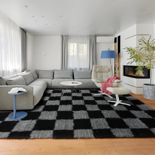 KICMOR 8x10 Black & Grey Checkered Shag Rug for Living Room & Bedroom