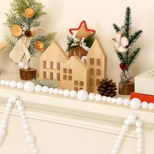 7ft White Wood Bead Garland - Rustic Christmas Decor, Tree & Mantel Accent (Brand: Woodeni) - 144 beads