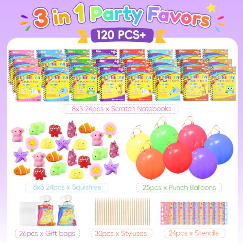 Kids Party Favor Set with Scratch Art Balloons Squishy Toys & Goodie Bags