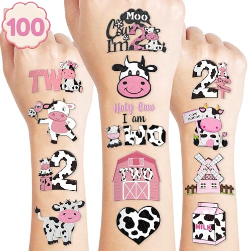 Holy Cow Im Two Temporary Tattoos Pink Cow 2nd Birthday Party Decorations Favors Supplies Cow Themed Stickers 10 Sheets 100 PCS Gifts for Baby Girls Boys Decor Class School Carnival Christmas