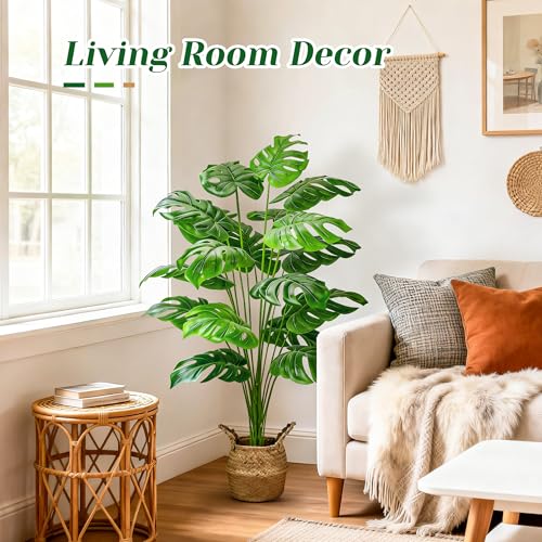 Der Rose 44-Inch Tall Artificial Monstera Tree with Round Woven Basket - Home Decor